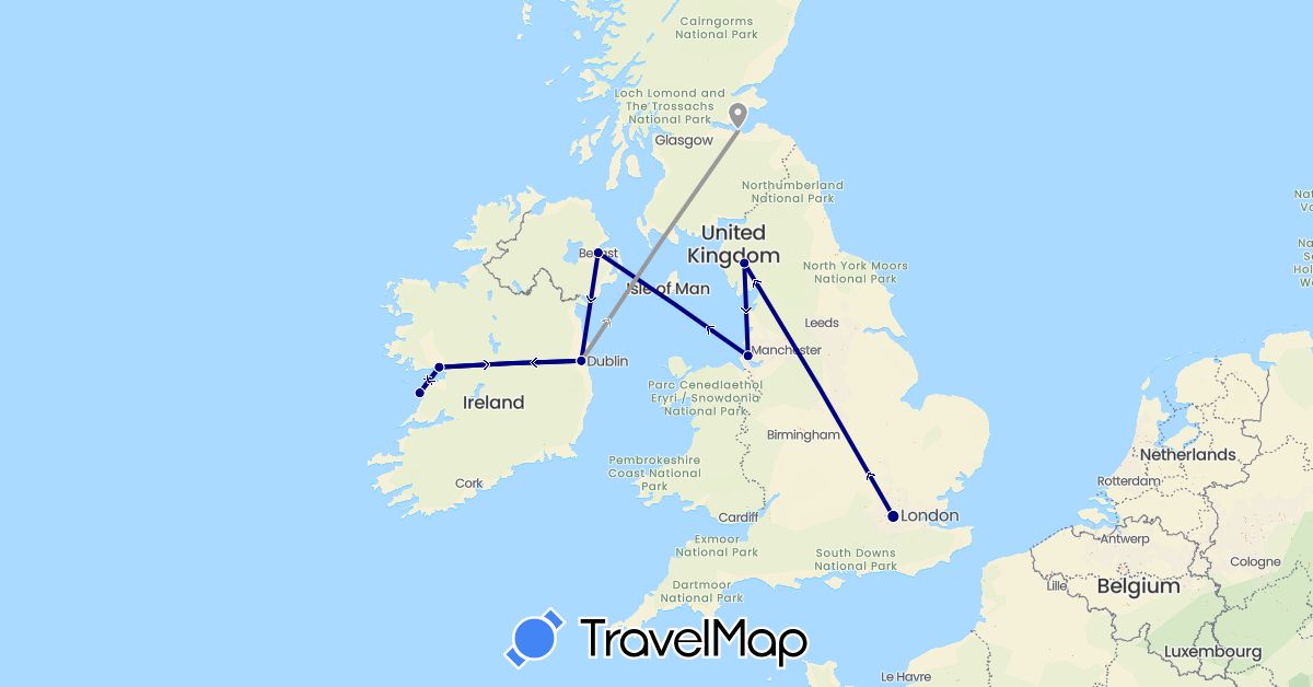 TravelMap itinerary: driving, plane in United Kingdom, Ireland (Europe)